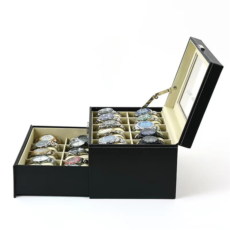 Κουτί αποθήκευσης ρολογιών, 20 θέσεων, διπλού επιπέδου, με κλειδαριά, PU δέρμα, μοντέλο LY-11