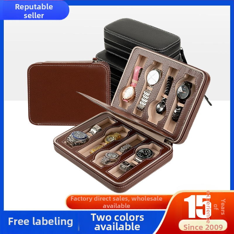 Кожена кутия за часовници с осем ципа, капак с цип, подаръчна опаковка, вътрешно подплатена