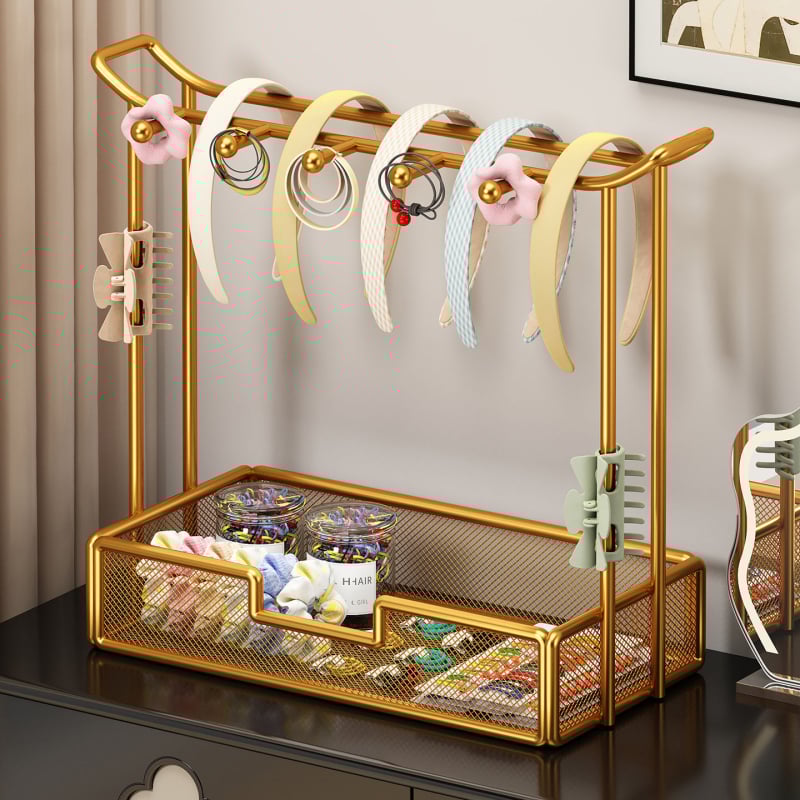 Στήριγμα αξεσουάρ μαλλιών και κοσμημάτων — επιτραπέζιο ράφι προβολής για λαστιχάκια, φουρκέτες και δαχτυλίδια; μεταλλική κατασκευή από σίδηρο, 1 επίπεδο, μοντέρνος μινιμαλιστικός σχεδιασμός