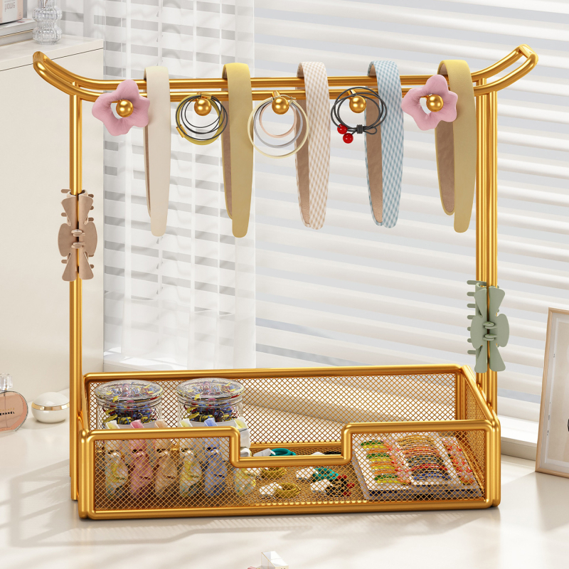 Στήριγμα αξεσουάρ μαλλιών και κοσμημάτων — επιτραπέζιο ράφι προβολής για λαστιχάκια, φουρκέτες και δαχτυλίδια; μεταλλική κατασκευή από σίδηρο, 1 επίπεδο, μοντέρνος μινιμαλιστικός σχεδιασμός