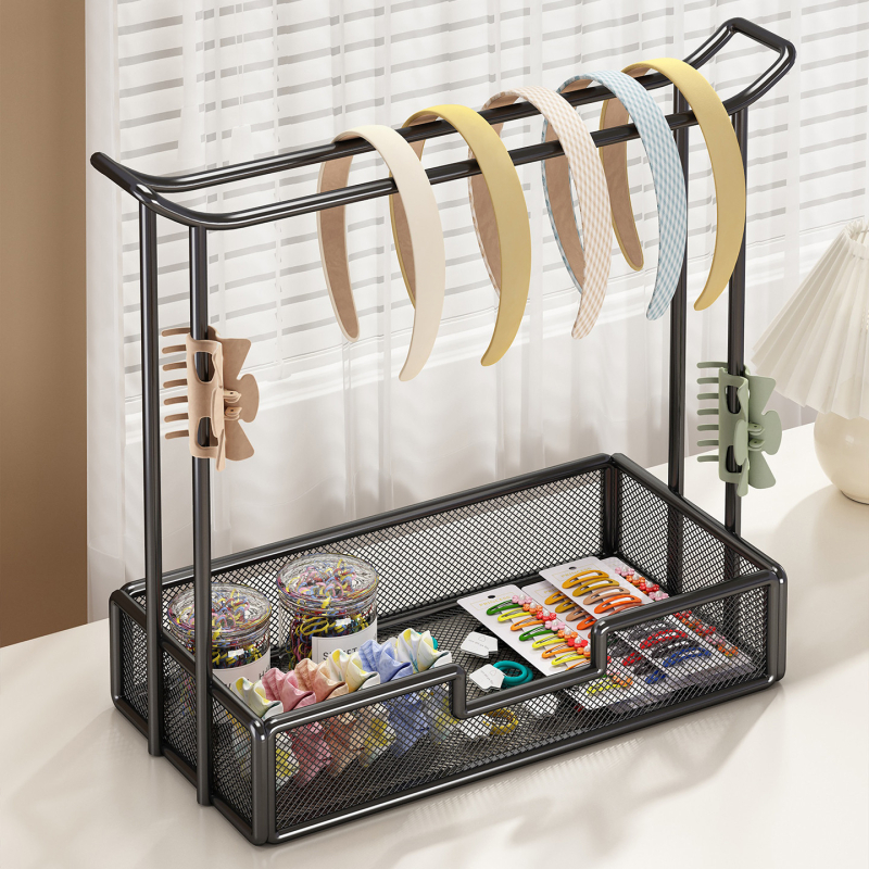 Στήριγμα αξεσουάρ μαλλιών και κοσμημάτων — επιτραπέζιο ράφι προβολής για λαστιχάκια, φουρκέτες και δαχτυλίδια; μεταλλική κατασκευή από σίδηρο, 1 επίπεδο, μοντέρνος μινιμαλιστικός σχεδιασμός