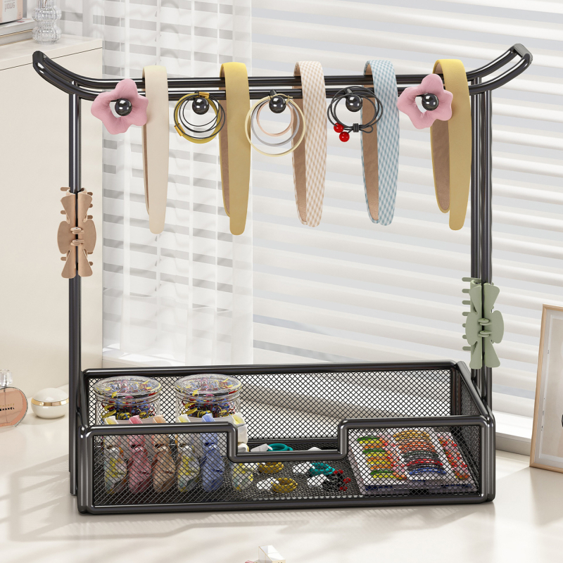 Στήριγμα αξεσουάρ μαλλιών και κοσμημάτων — επιτραπέζιο ράφι προβολής για λαστιχάκια, φουρκέτες και δαχτυλίδια; μεταλλική κατασκευή από σίδηρο, 1 επίπεδο, μοντέρνος μινιμαλιστικός σχεδιασμός