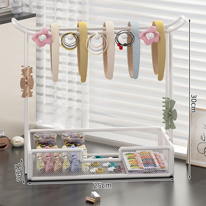 Στήριγμα αξεσουάρ μαλλιών και κοσμημάτων — επιτραπέζιο ράφι προβολής για λαστιχάκια, φουρκέτες και δαχτυλίδια; μεταλλική κατασκευή από σίδηρο, 1 επίπεδο, μοντέρνος μινιμαλιστικός σχεδιασμός