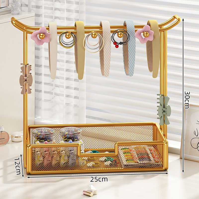 Στήριγμα αξεσουάρ μαλλιών και κοσμημάτων — επιτραπέζιο ράφι προβολής για λαστιχάκια, φουρκέτες και δαχτυλίδια; μεταλλική κατασκευή από σίδηρο, 1 επίπεδο, μοντέρνος μινιμαλιστικός σχεδιασμός