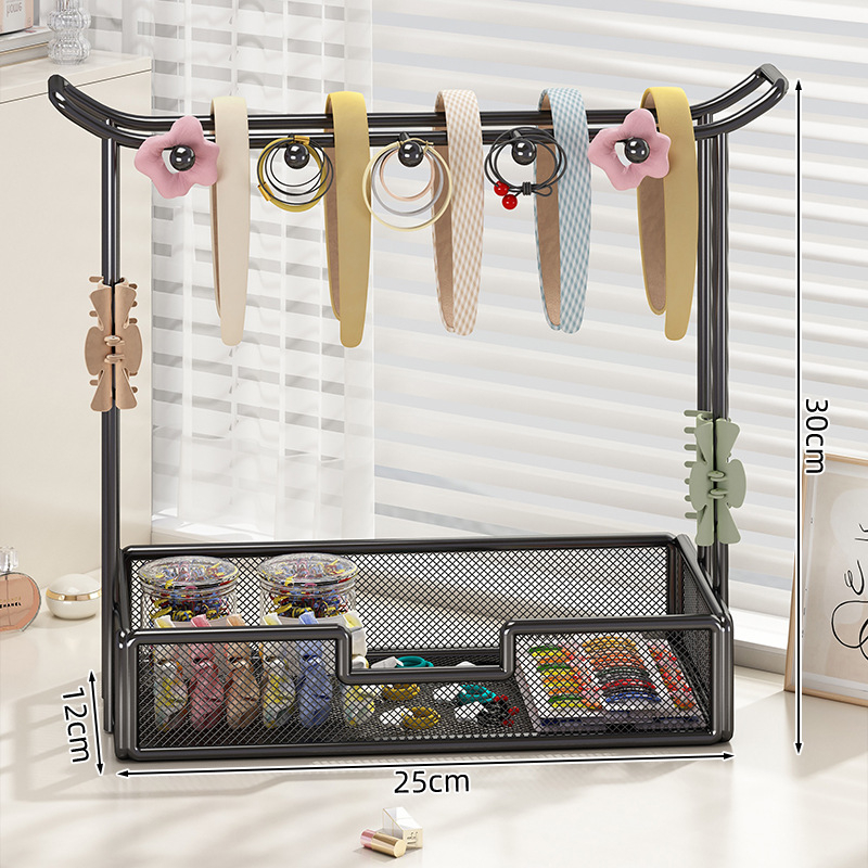 Στήριγμα αξεσουάρ μαλλιών και κοσμημάτων — επιτραπέζιο ράφι προβολής για λαστιχάκια, φουρκέτες και δαχτυλίδια; μεταλλική κατασκευή από σίδηρο, 1 επίπεδο, μοντέρνος μινιμαλιστικός σχεδιασμός