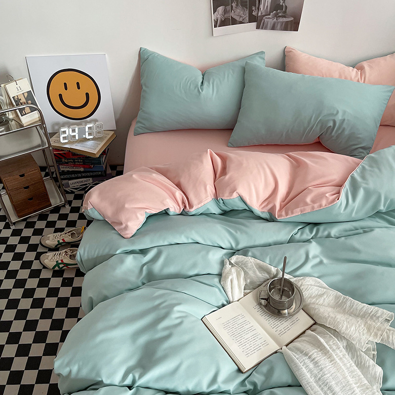 Izmazgāts kokvilnas četrdaļīgs gultas komplekts, vienkrāsains raksts, INS stils, palagu tips, reaktīvā krāsošana