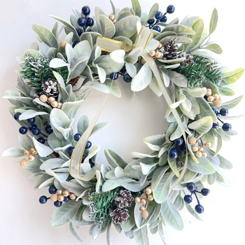 Синьо-златен изкуствен венец за Коледа — декоративен венец с шишарки за дома, входа или стената (пластмаса; Opp bag; готов за подарък; Китайски ден на влюбените)