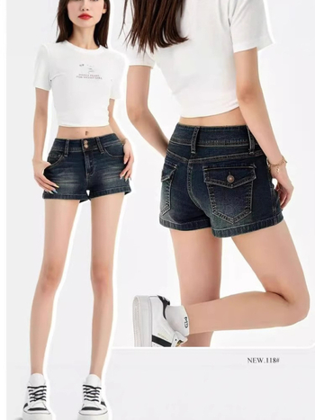 Γυναικείοι τζιν σορτς από denim, βαμβάκι-σπαντέξ, κολακευτικό σώμα, χαμηλή μέση, διπλό κουμπί και φερμουάρ, Α-γραμμή