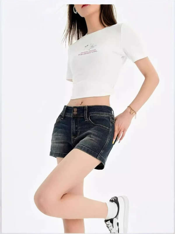 Γυναικείοι τζιν σορτς από denim, βαμβάκι-σπαντέξ, κολακευτικό σώμα, χαμηλή μέση, διπλό κουμπί και φερμουάρ, Α-γραμμή