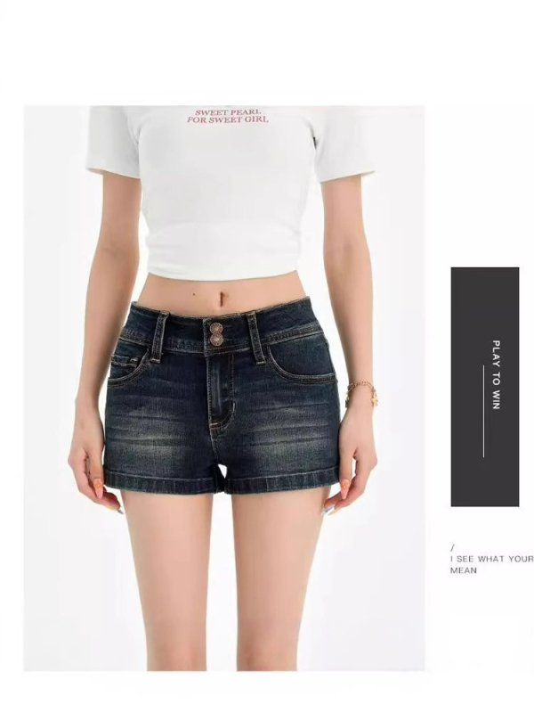 Γυναικείοι τζιν σορτς από denim, βαμβάκι-σπαντέξ, κολακευτικό σώμα, χαμηλή μέση, διπλό κουμπί και φερμουάρ, Α-γραμμή