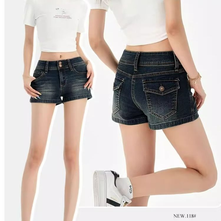 Γυναικείοι τζιν σορτς από denim, βαμβάκι-σπαντέξ, κολακευτικό σώμα, χαμηλή μέση, διπλό κουμπί και φερμουάρ, Α-γραμμή