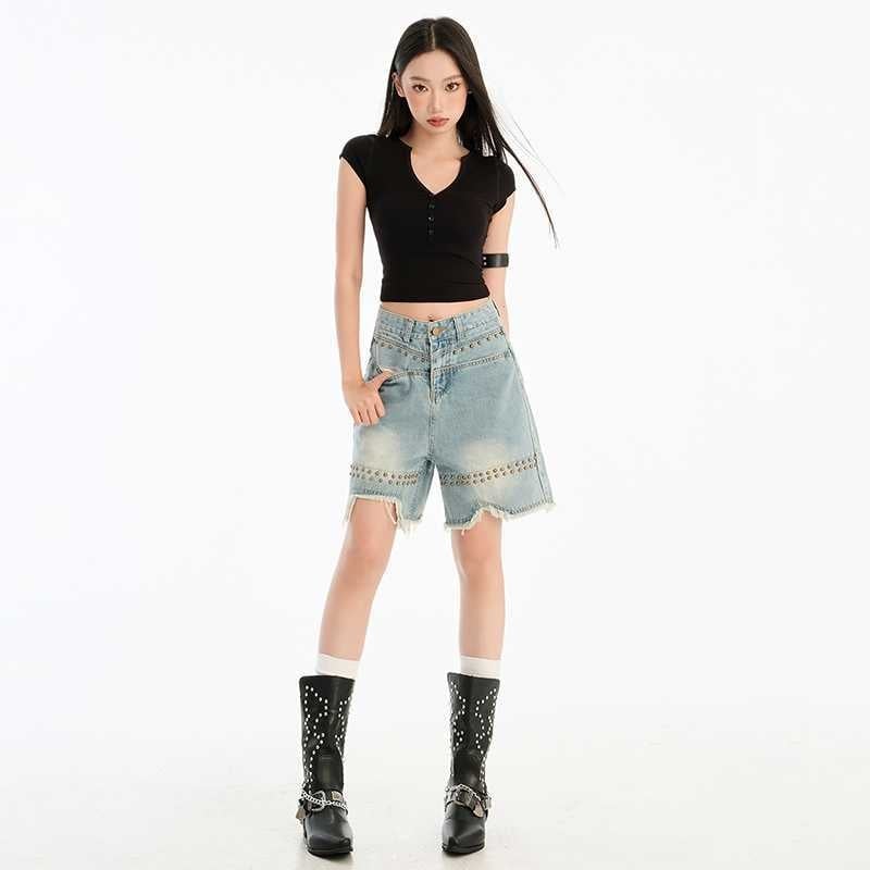 Ženski traper šorc s izfrizanim rubovima, visokim strukom, opuštenim krojem, gradski stil, pamuk-poliester smjesa