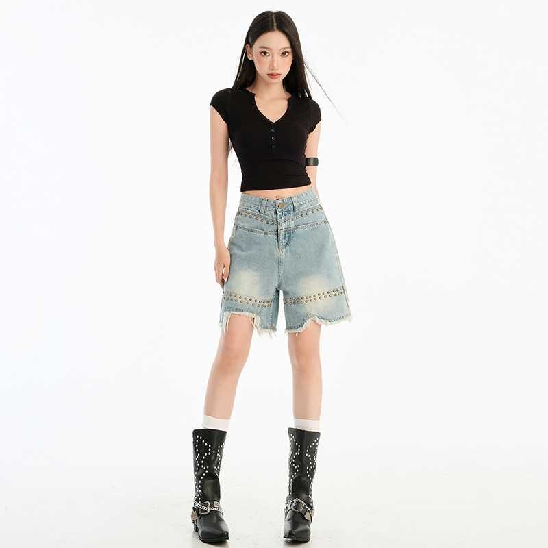 Ženski traper šorc s izfrizanim rubovima, visokim strukom, opuštenim krojem, gradski stil, pamuk-poliester smjesa