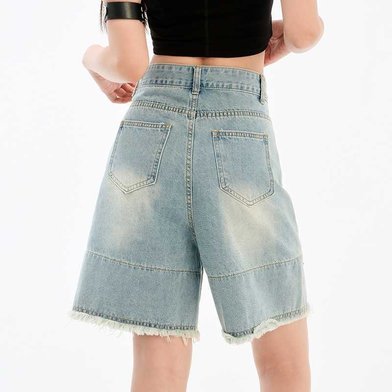 Ženski traper šorc s izfrizanim rubovima, visokim strukom, opuštenim krojem, gradski stil, pamuk-poliester smjesa