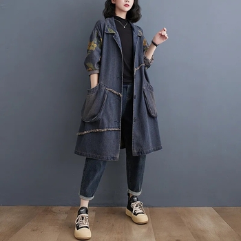 Τζάκετ σε στυλ τζίν με φούντες, λογοτεχνικό ρετρό ύφος, χρωματικό μπλοκ και vintage πλύσιμο (πολυεστέρας + ελαστάν; Χρωματικό μπλοκ; Λαιμός τύπου πόλο; Κανονικό μήκος 50–65 cm; Vintage πλύσιμο)