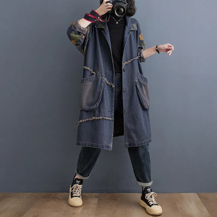 Farmerkabát stílusú dzseki bojtokkal, retro irodalmi hangulattal, színblokkolás és vintage mosás (Poliészter + elasztán; Színblokkolás; Polo gallér; Standard hossz 50–65 cm; Vintage mosás)