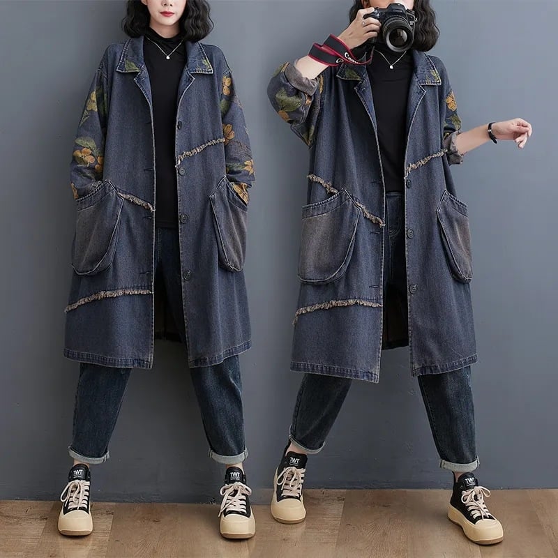 Džinsa stila jaka ar frīngēm, literāri retro stils, krāsu bloķēšana un vintage mazgāšana (Poliesteris + elastāns; Krāsu bloķēšana; Polo apkakle; Standarta garums 50–65 cm; Vintage mazgāšana)