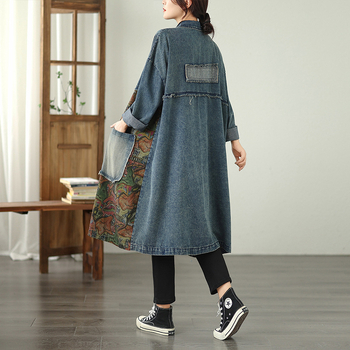 Γυναικείο τζιν μπουφάν, φαρδιά γραμμή, μεσαίο μήκος, εκτύπωση, polo γιακά, μακριά μανίκια (φαρδιά γραμμή, μεσαίο μήκος, εκτύπωση, polo γιακά, μακριά μανίκια)