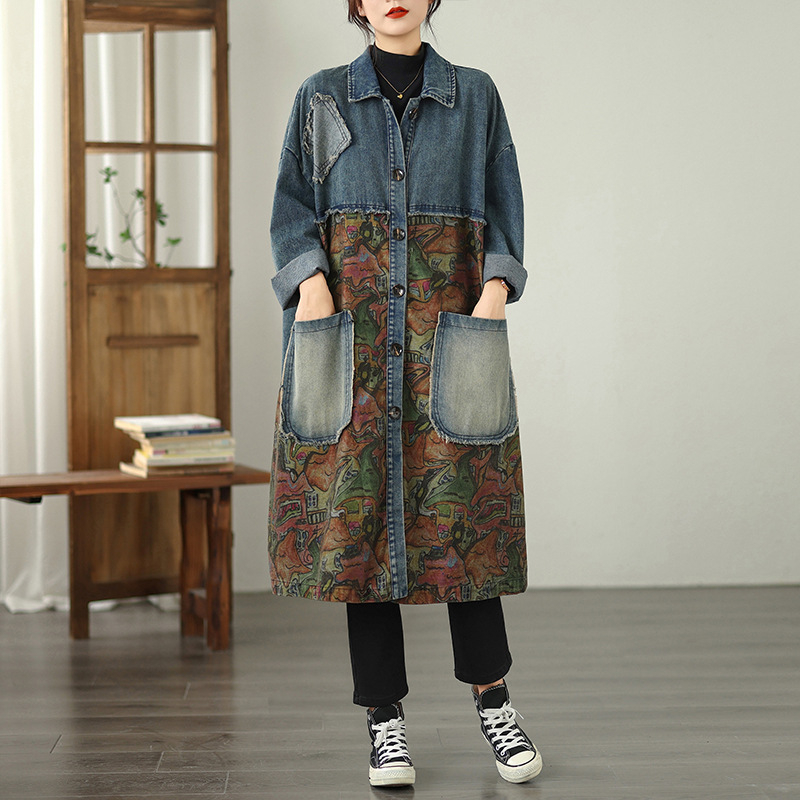 Γυναικείο τζιν μπουφάν, φαρδιά γραμμή, μεσαίο μήκος, εκτύπωση, polo γιακά, μακριά μανίκια (φαρδιά γραμμή, μεσαίο μήκος, εκτύπωση, polo γιακά, μακριά μανίκια)