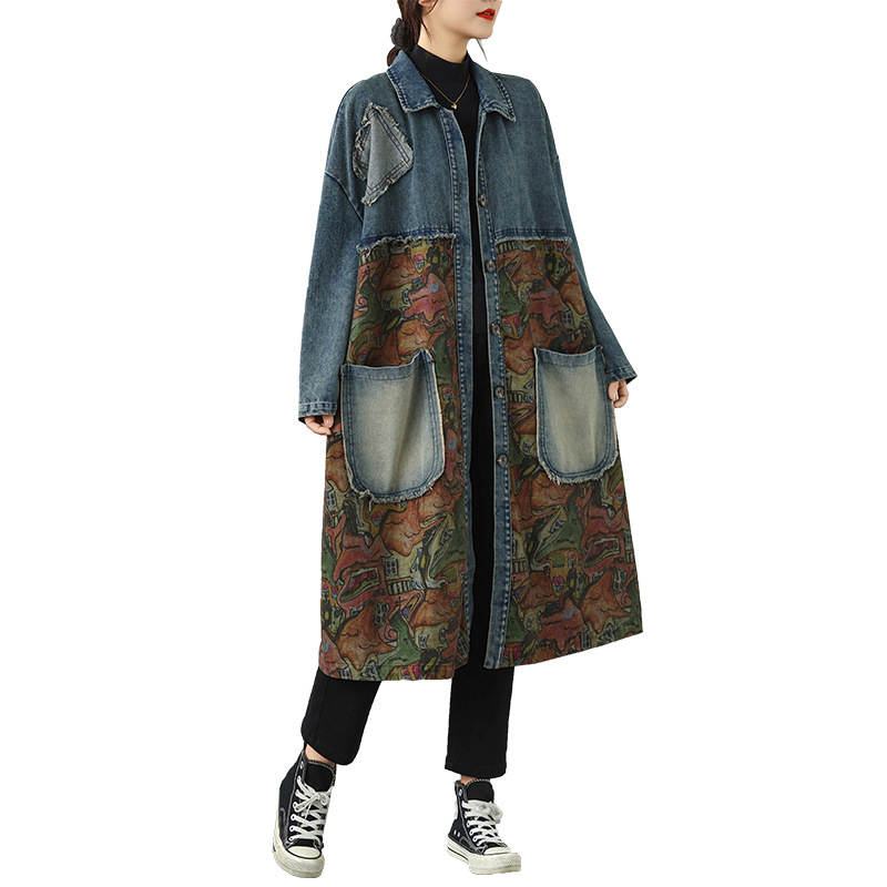 Γυναικείο τζιν μπουφάν, φαρδιά γραμμή, μεσαίο μήκος, εκτύπωση, polo γιακά, μακριά μανίκια (φαρδιά γραμμή, μεσαίο μήκος, εκτύπωση, polo γιακά, μακριά μανίκια)