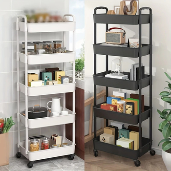 Πλαστική 5-όροφη φορητή τροχήλατη μονάδα αποθήκευσης με διπλές λαβές, περιστρεφόμενη βάση δαπέδου (PP)