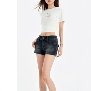 Ženske traper šorceve – američki retro stil, visok pojas, zip zatvarač, kratka duljina (denim; pamuk 70–80%; visok pojas; zip; kratka duljina)