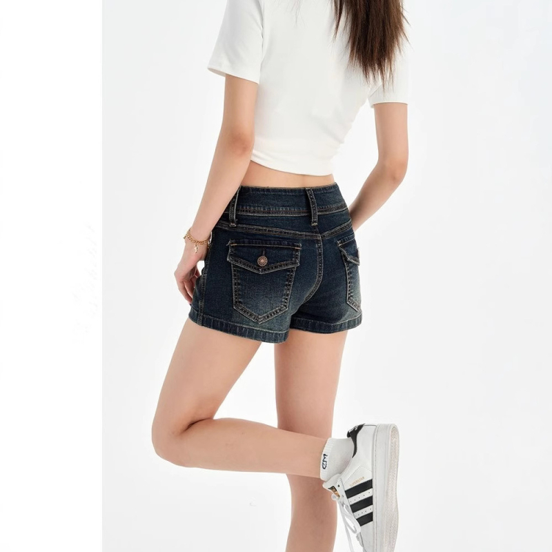 Ženske traper šorceve – američki retro stil, visok pojas, zip zatvarač, kratka duljina (denim; pamuk 70–80%; visok pojas; zip; kratka duljina)