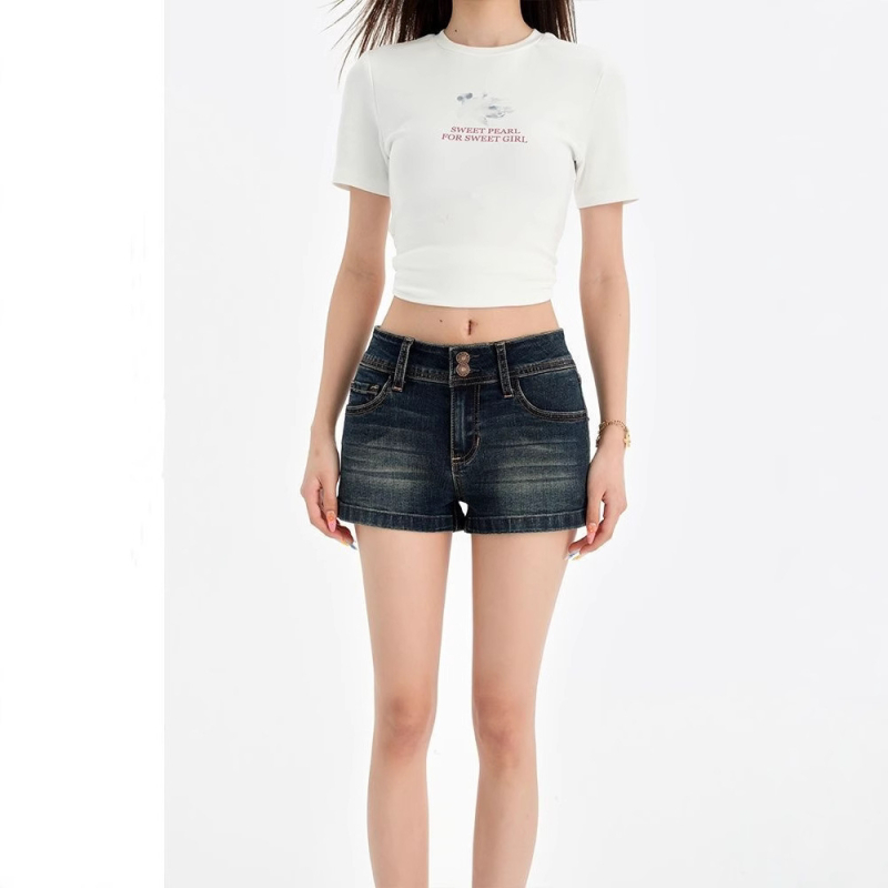 Ženske traper šorceve – američki retro stil, visok pojas, zip zatvarač, kratka duljina (denim; pamuk 70–80%; visok pojas; zip; kratka duljina)