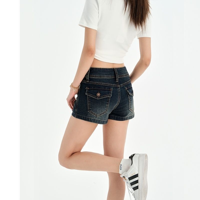 Ženske traper šorceve – američki retro stil, visok pojas, zip zatvarač, kratka duljina (denim; pamuk 70–80%; visok pojas; zip; kratka duljina)