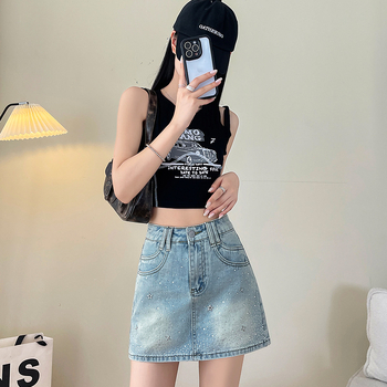 Дънкова пола A-line, къса, висока талия, украса с кристали с горещ монтаж, памук 70–80%