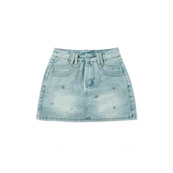 Дънкова пола A-line, къса, висока талия, украса с кристали с горещ монтаж, памук 70–80%