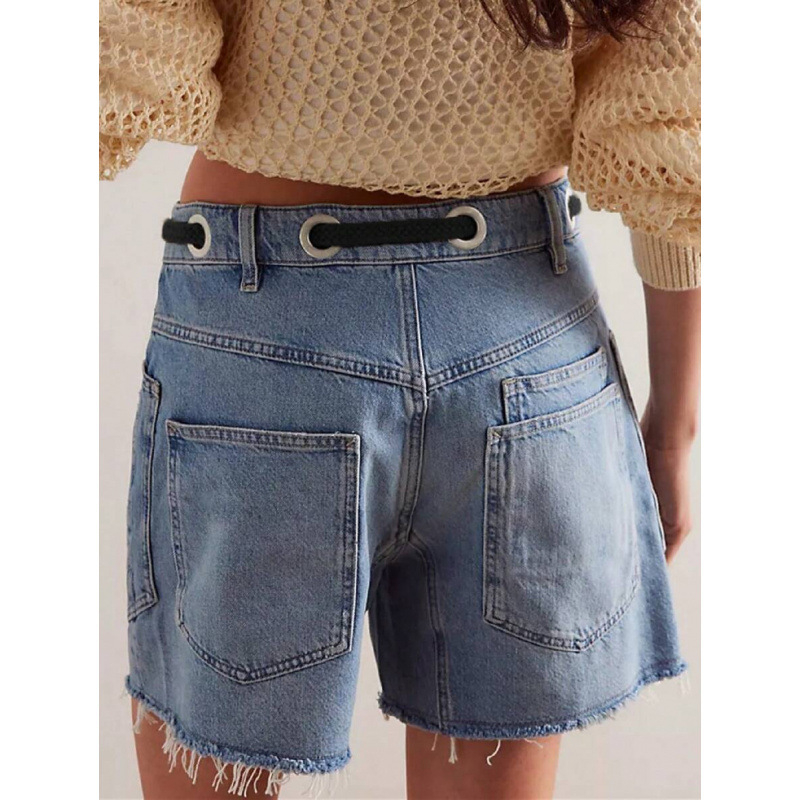 Γυναικείοι τζιν σορτς, με υψηλή μέση, ίσια γραμμή, χαλαρή εφαρμογή, κορδόνι μέσης, επενδυμένα με φλίς