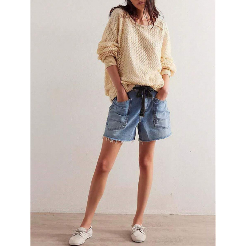 Γυναικείοι τζιν σορτς, με υψηλή μέση, ίσια γραμμή, χαλαρή εφαρμογή, κορδόνι μέσης, επενδυμένα με φλίς