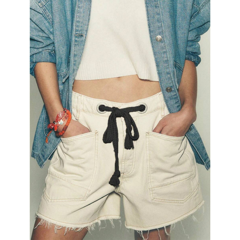 Γυναικείοι τζιν σορτς, με υψηλή μέση, ίσια γραμμή, χαλαρή εφαρμογή, κορδόνι μέσης, επενδυμένα με φλίς