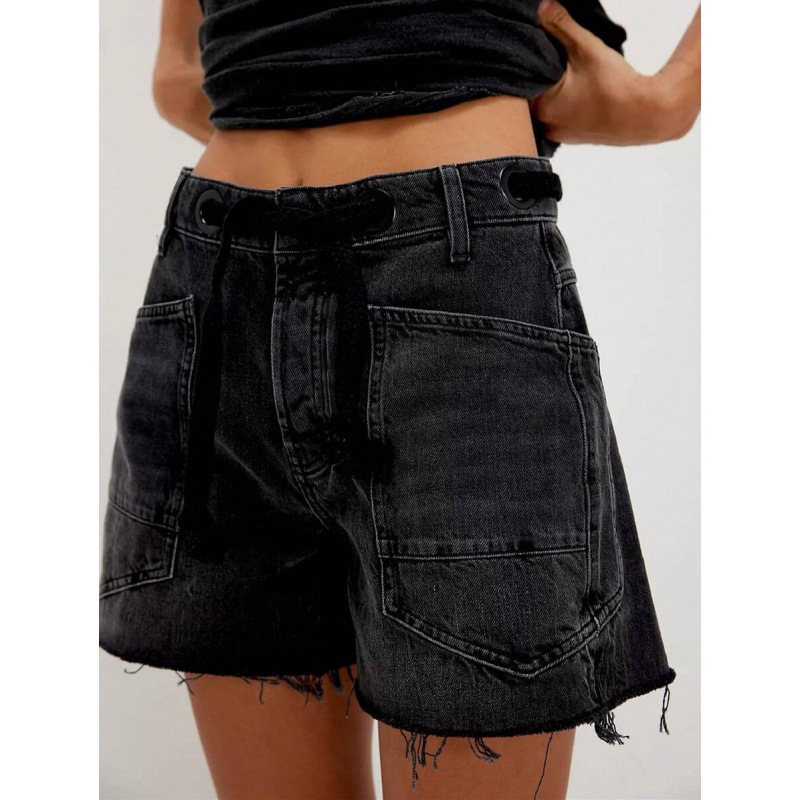 Γυναικείοι τζιν σορτς, με υψηλή μέση, ίσια γραμμή, χαλαρή εφαρμογή, κορδόνι μέσης, επενδυμένα με φλίς