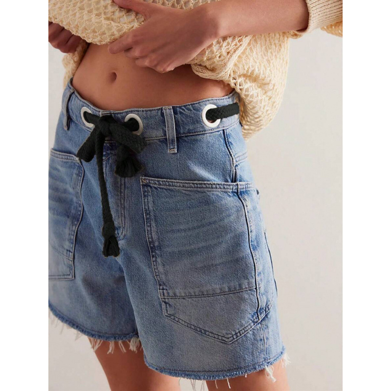 Γυναικείοι τζιν σορτς, με υψηλή μέση, ίσια γραμμή, χαλαρή εφαρμογή, κορδόνι μέσης, επενδυμένα με φλίς