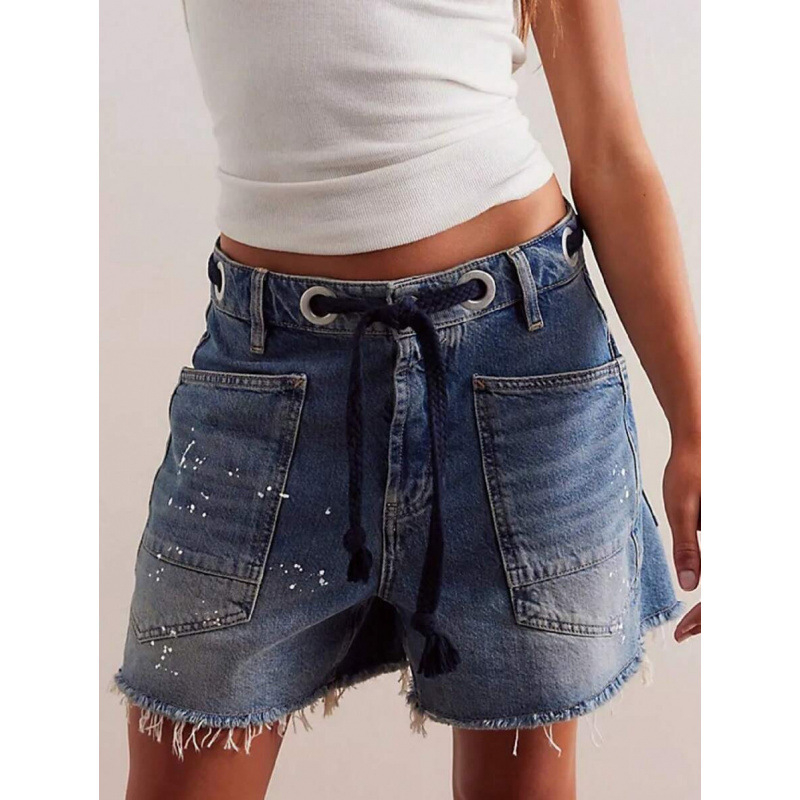 Γυναικείοι τζιν σορτς, με υψηλή μέση, ίσια γραμμή, χαλαρή εφαρμογή, κορδόνι μέσης, επενδυμένα με φλίς