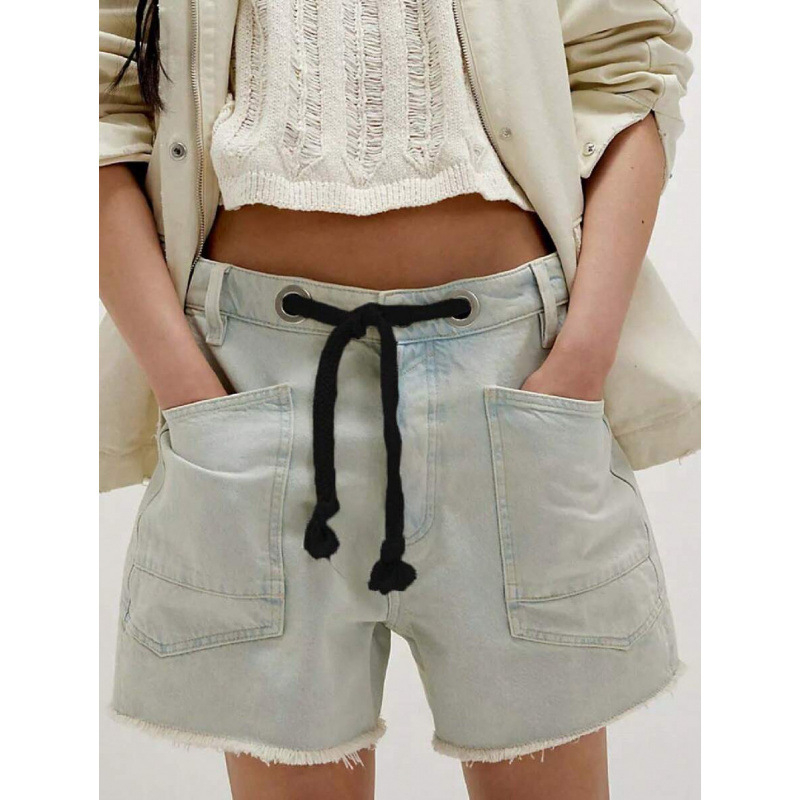 Γυναικείοι τζιν σορτς, με υψηλή μέση, ίσια γραμμή, χαλαρή εφαρμογή, κορδόνι μέσης, επενδυμένα με φλίς