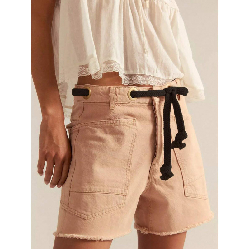 Γυναικείοι τζιν σορτς, με υψηλή μέση, ίσια γραμμή, χαλαρή εφαρμογή, κορδόνι μέσης, επενδυμένα με φλίς