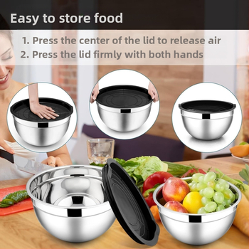 Σετ μπολ ανάμειξης από ανοξείδωτο ατσάλι με καπάκια, μοντέρνο μινιμαλιστικό στυλ, κατάλληλο για σαλάτες, χτύπημα αυγών και προετοιμασία για το ψήσιμο