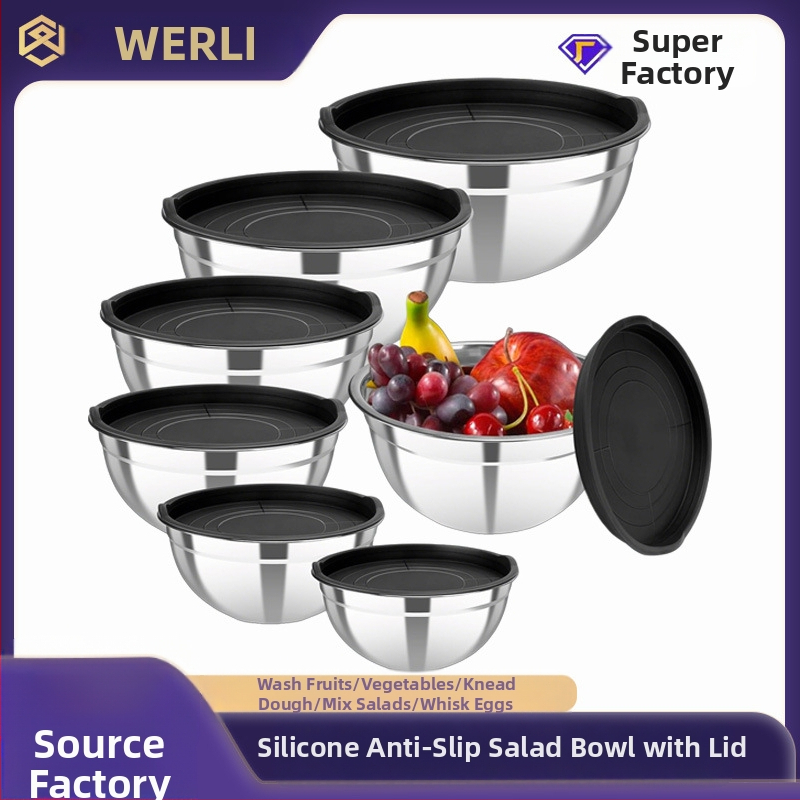 Σετ μπολ ανάμειξης από ανοξείδωτο ατσάλι με καπάκια, μοντέρνο μινιμαλιστικό στυλ, κατάλληλο για σαλάτες, χτύπημα αυγών και προετοιμασία για το ψήσιμο