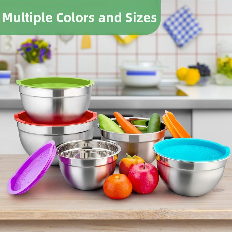 Комплект от неръждаеми стоманени купи за смесване със капаци, модерен минималистичен стил, за салати, разбиване на яйца и подготовка за печене