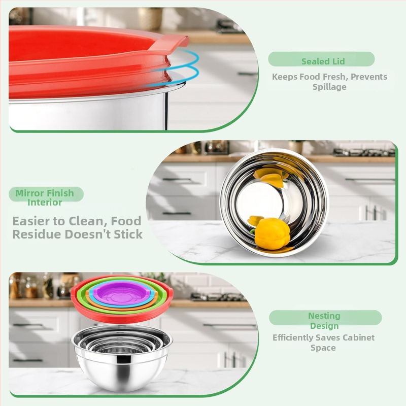 Комплект от неръждаеми стоманени купи за смесване със капаци, модерен минималистичен стил, за салати, разбиване на яйца и подготовка за печене