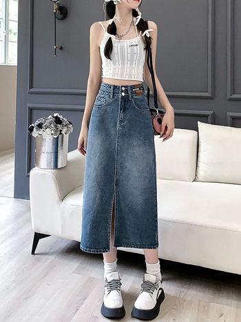 Γυναικεία φούστα τζιν με Mercerized ύφασμα, υψηλή μέση, μεσαίο μήκος, βαμβάκι 90–95%, Άνοιξη 2025