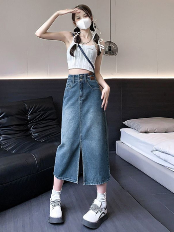 Γυναικεία φούστα τζιν με Mercerized ύφασμα, υψηλή μέση, μεσαίο μήκος, βαμβάκι 90–95%, Άνοιξη 2025