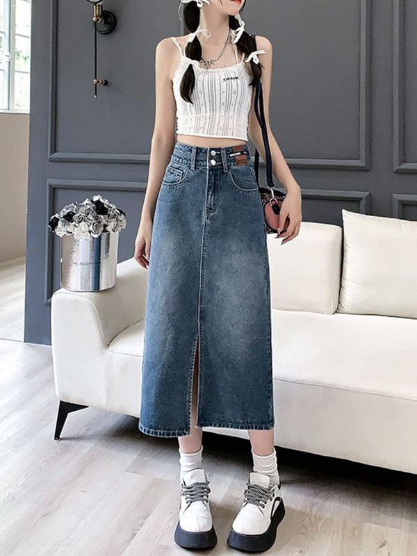 Γυναικεία φούστα τζιν με Mercerized ύφασμα, υψηλή μέση, μεσαίο μήκος, βαμβάκι 90–95%, Άνοιξη 2025