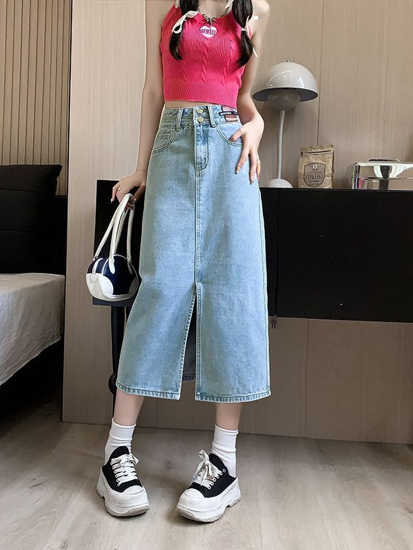Γυναικεία φούστα τζιν με Mercerized ύφασμα, υψηλή μέση, μεσαίο μήκος, βαμβάκι 90–95%, Άνοιξη 2025