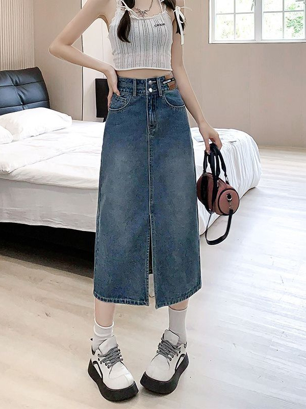 Γυναικεία φούστα τζιν με Mercerized ύφασμα, υψηλή μέση, μεσαίο μήκος, βαμβάκι 90–95%, Άνοιξη 2025