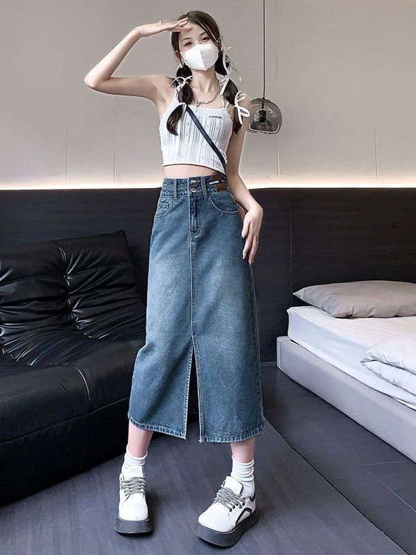 Γυναικεία φούστα τζιν με Mercerized ύφασμα, υψηλή μέση, μεσαίο μήκος, βαμβάκι 90–95%, Άνοιξη 2025