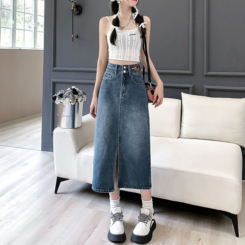 Γυναικεία φούστα τζιν με Mercerized ύφασμα, υψηλή μέση, μεσαίο μήκος, βαμβάκι 90–95%, Άνοιξη 2025